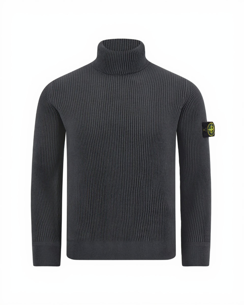 Stone Island Ribbed Virgin Wool Turtleneck Sweatshirt In Grey