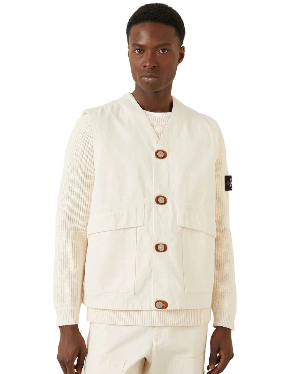 Stone Island Raw Denim Vest Natural Cotton Gabardine In Ivory