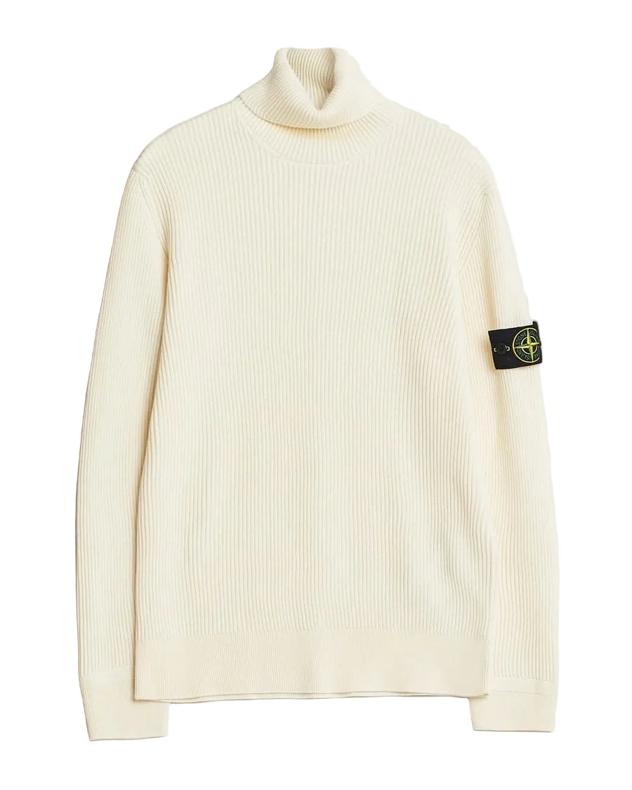 Stone Island Ribbed Virgin Wool Turtleneck Sweatshirt In Ivory