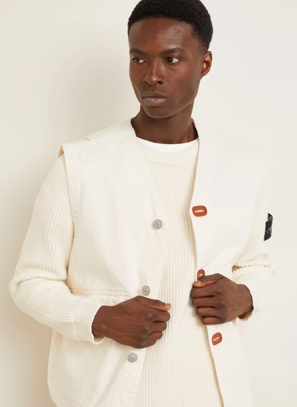 Stone Island Raw Denim Vest Natural Cotton Gabardine In Ivory