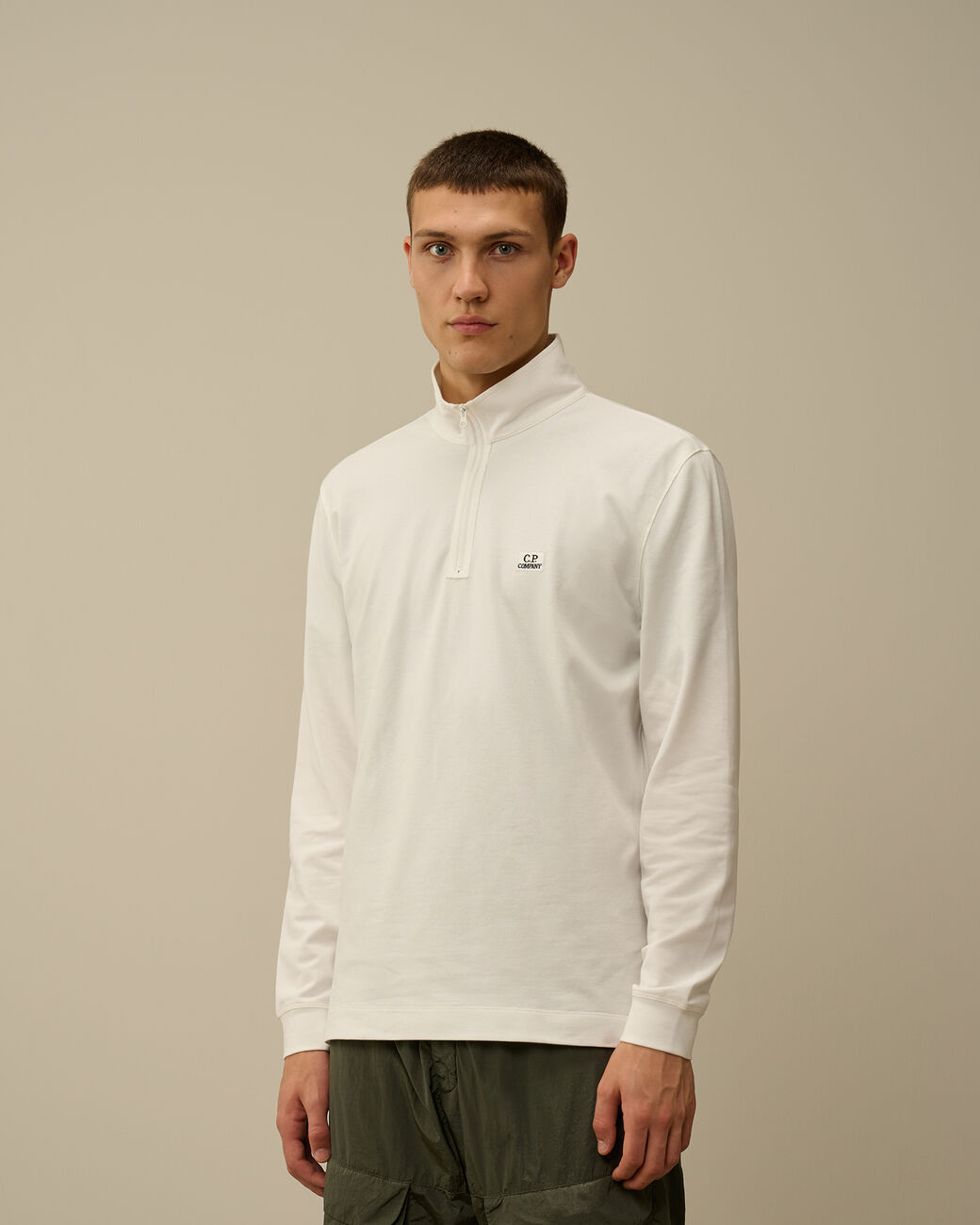 Cp Company 152A Stretch Piquet Long Sleeved Zip Polo Shirt In White