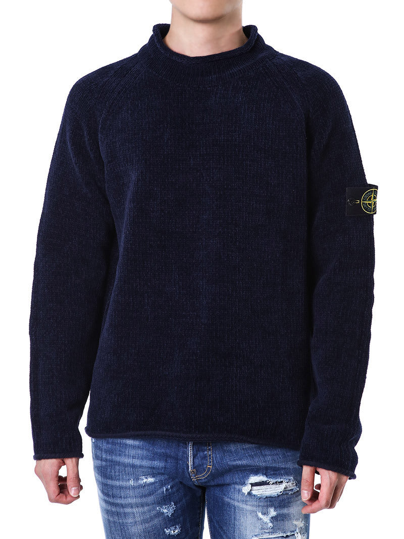 Stone Island Mock Neck Cotton Chenille Knit In Navy