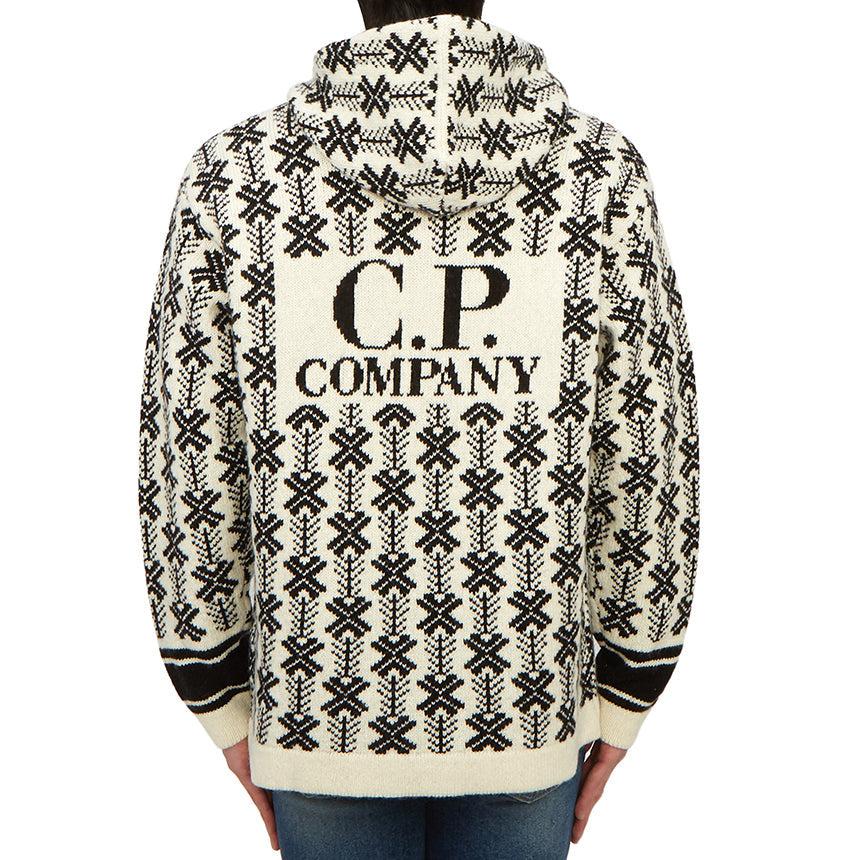 Cp Company V01 Wool Jacquard Logo Hooded Knit In Black