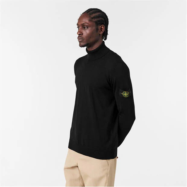 Stone Island Ribbed Light Wool Turtleneck Sweatshirt In Black