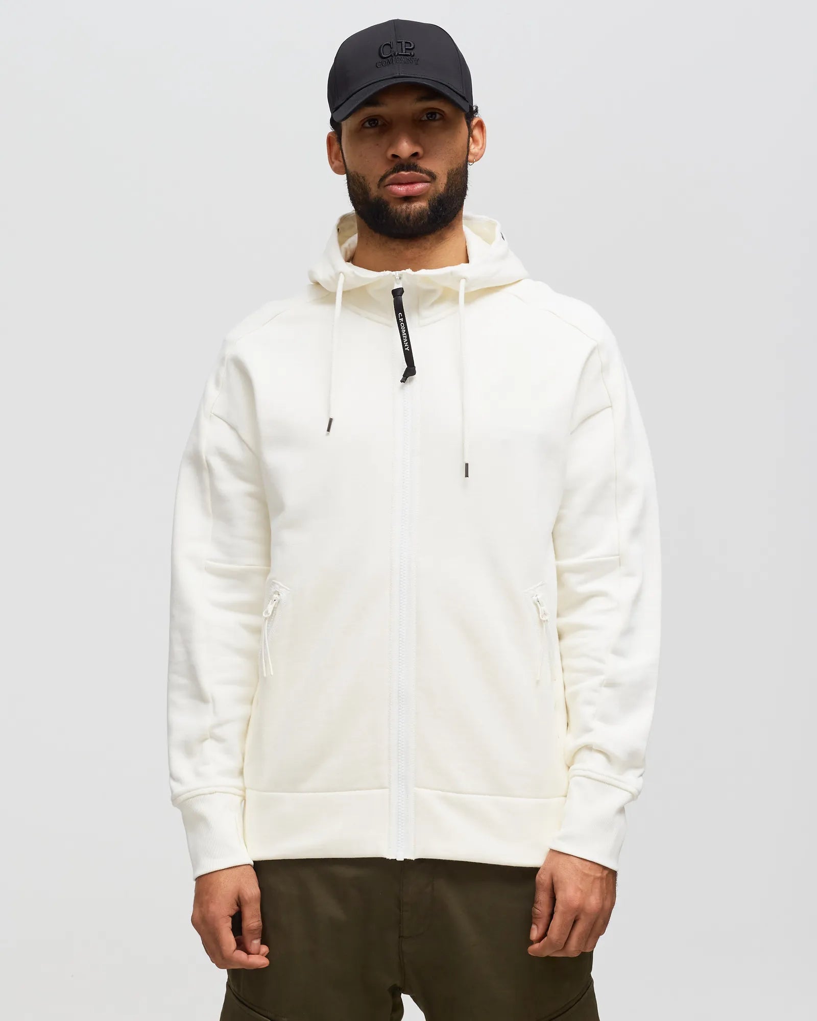 Cp Company Diagonal Raised Goggle Full Zip Hoodie In White