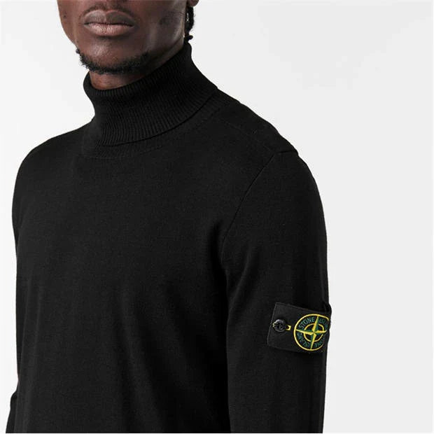 Stone Island Ribbed Light Wool Turtleneck Sweatshirt In Black